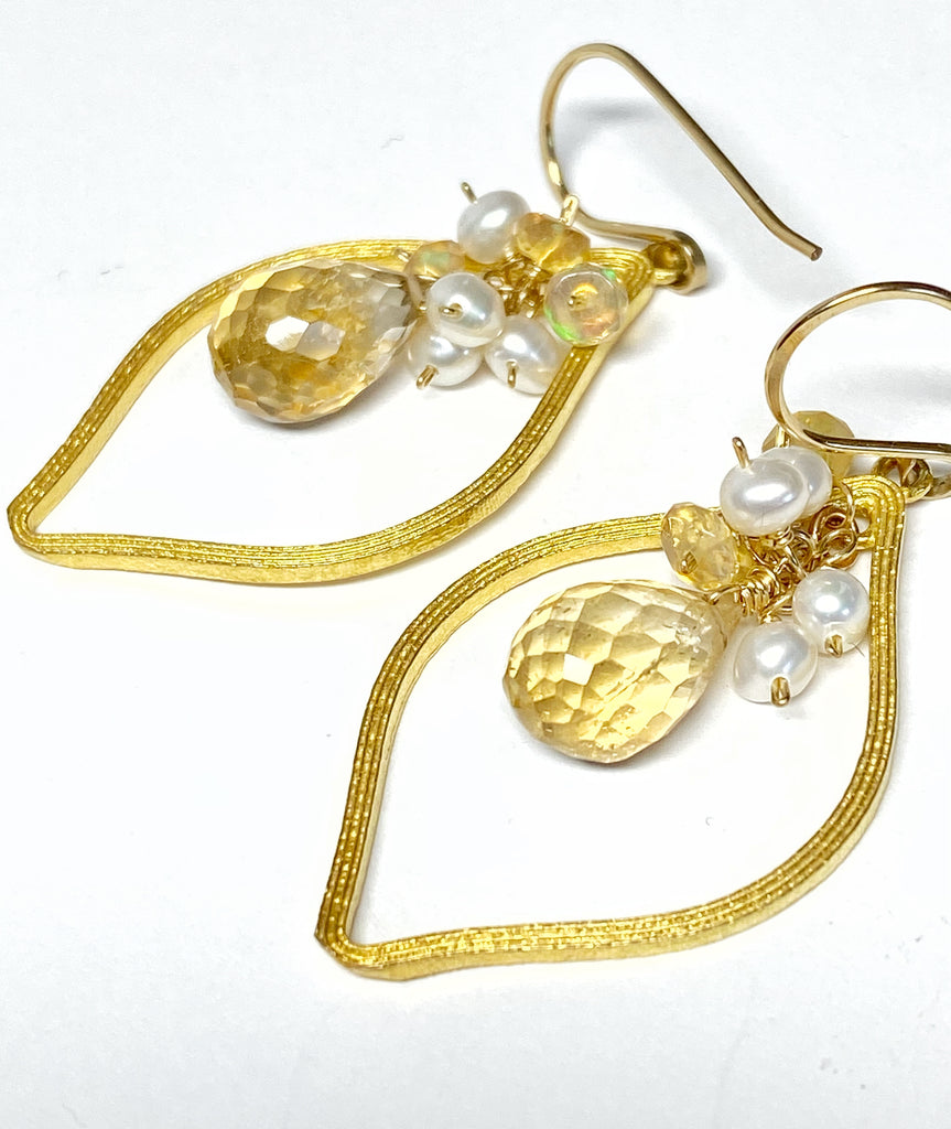 Citrine, Opal, Pearl Gold Hoop Earrings Post