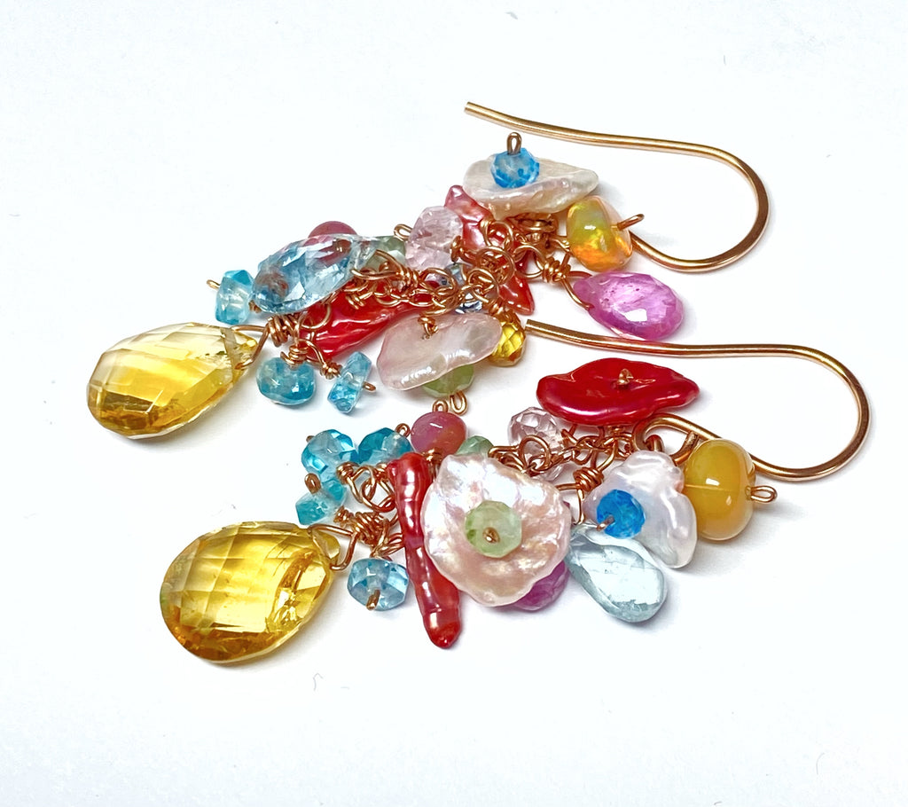 Rose Gold, Gemstone and Keishi Pearl Dangle Earrings
