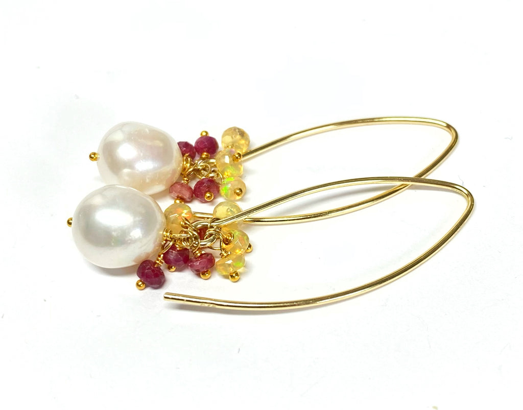 Ruby and Opal Cluster Long Pearl Earrings