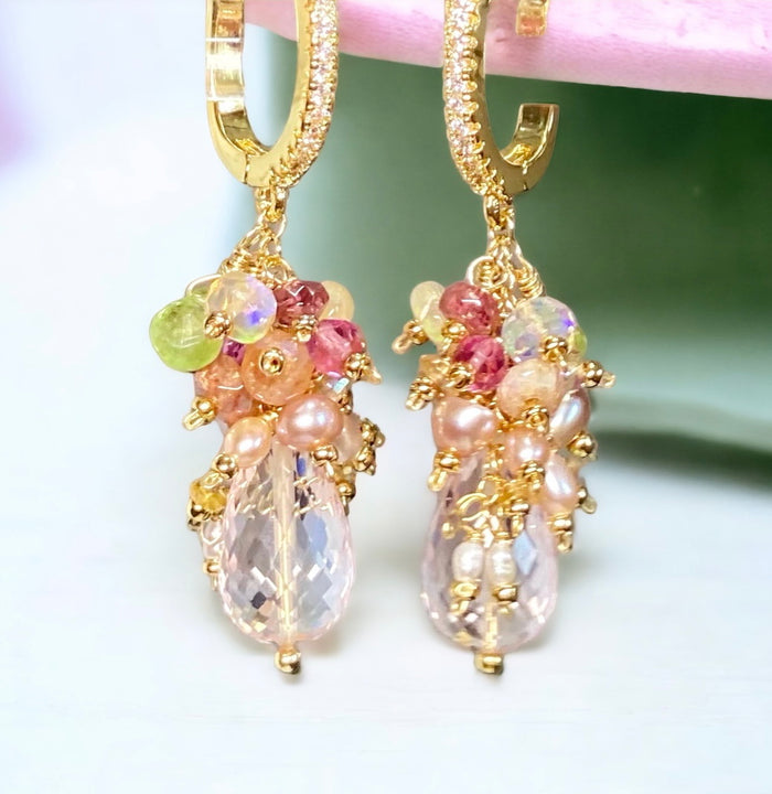 pink rose quartz and multi gemstone cluster earrings gold fill