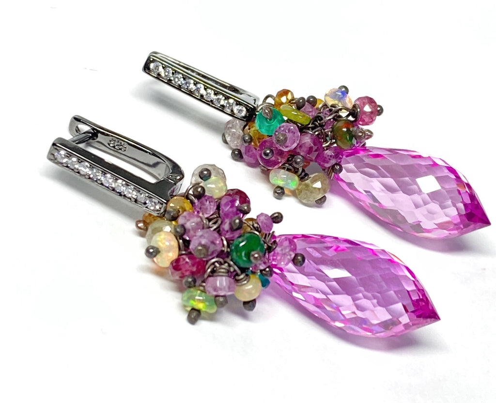 Pink Topaz and Opal Sapphire Cluster Earrings in Oxidized Silver - Doolittle