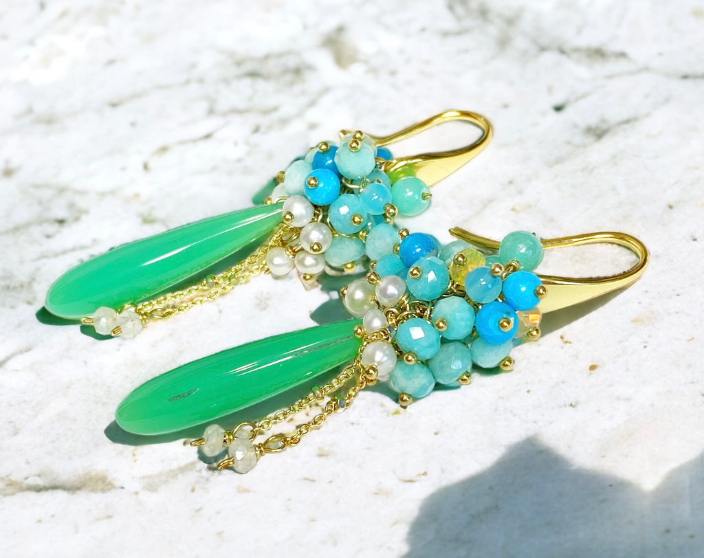 Green, Turquoise, Opal, Amazonite, Pearl Cluster Earrings Gold