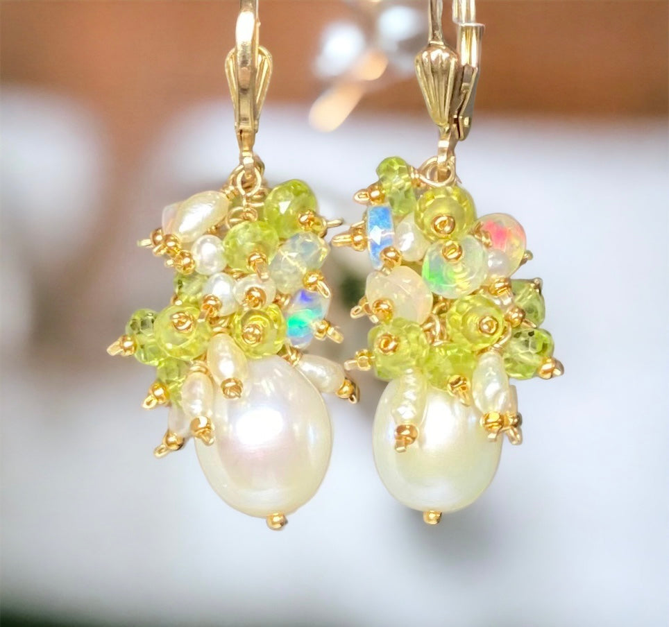 Peridot, Opal, Pearl Cluster Earrings Gold Fill