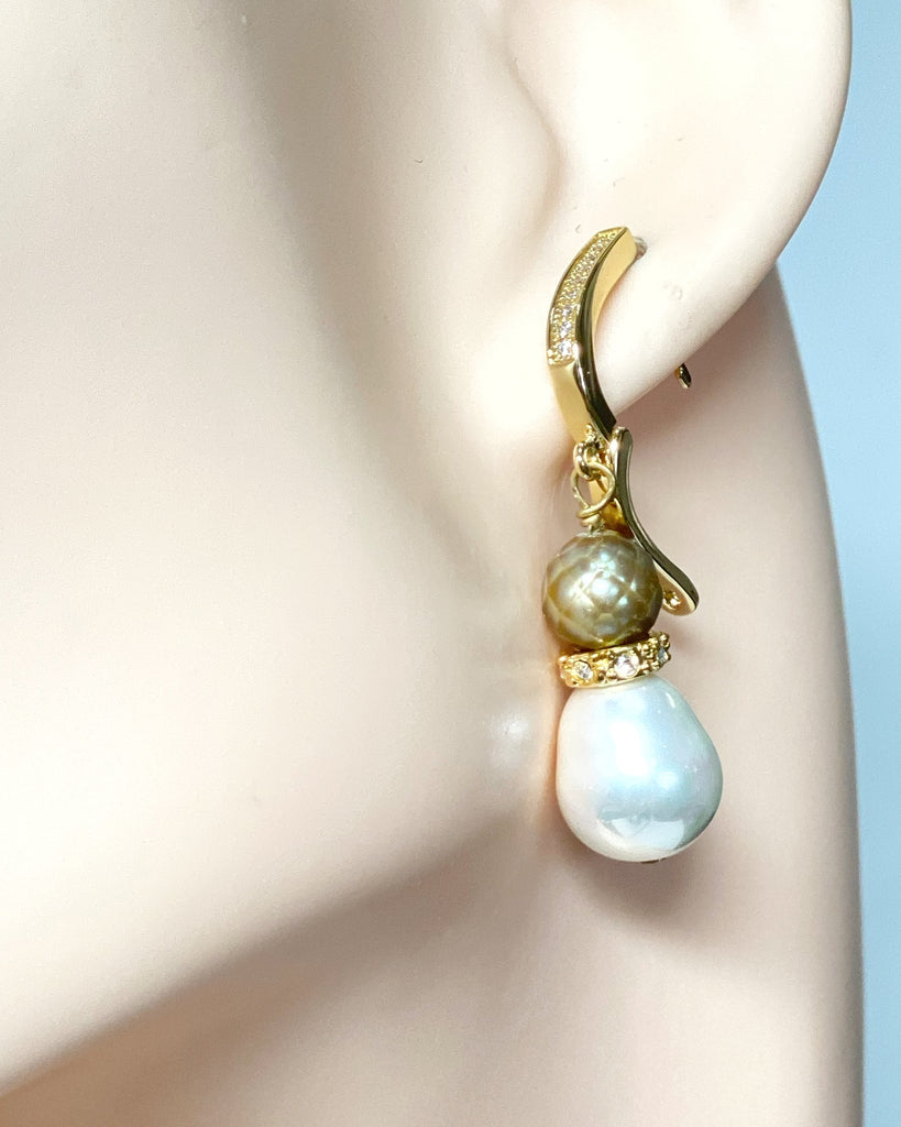 Gold Laser Faceted Pearl Earrings