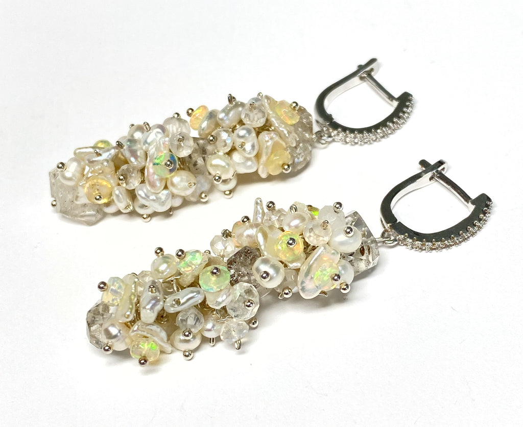 Herkimer Diamond Welo Ethiopian Opal Cluster Earrings Sterling Silver