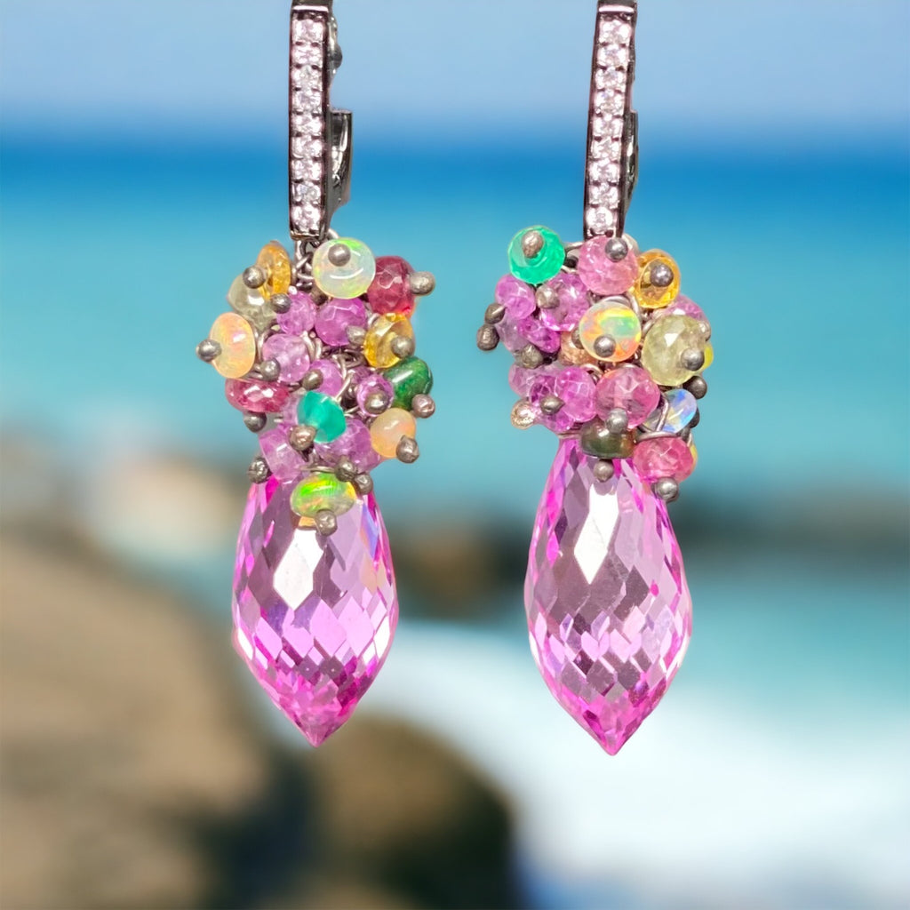 Pink Topaz and Opal Sapphire Cluster Earrings in Oxidized Silver - Doolittle