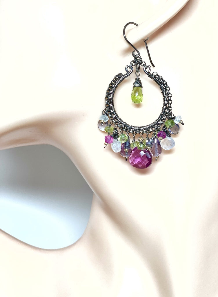 Multi Gemstone Chandelier Hoop Earrings - Lavender Violet