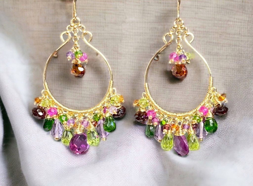 Statement Multi Gemstone Chandelier Hoop Earrings - Violet, Green, Pink