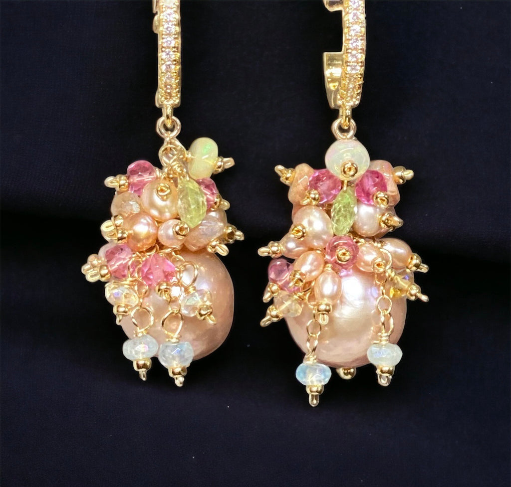 Pink Round Pearl and Gem Cluster Wedding Earrings with Tsavorite