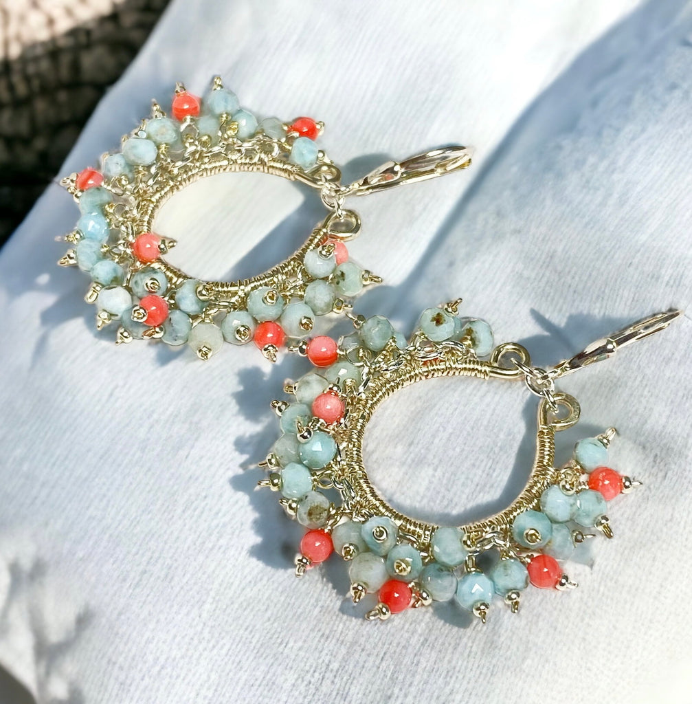 Larimar and Coral Hoop Earrings Sterling Silver