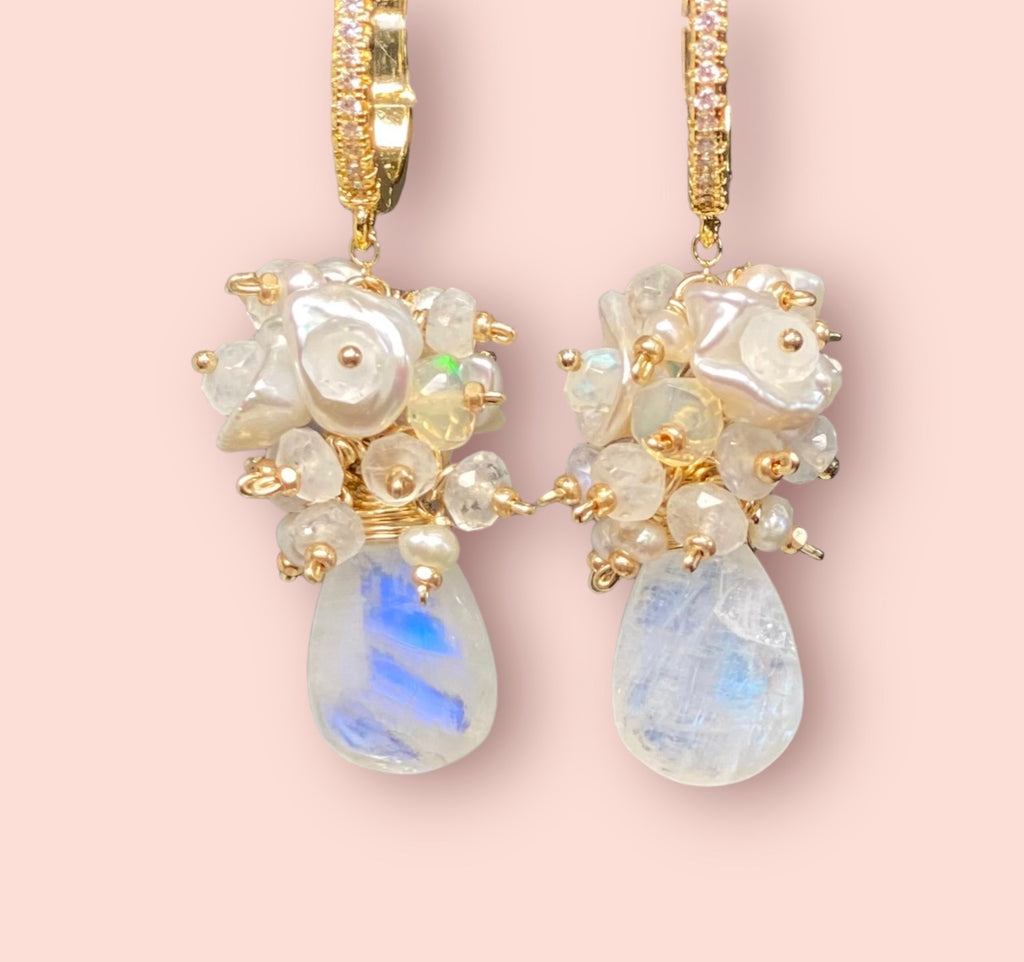 Rainbow Moonstone Keishi Pearl Opal Cluster Bridal Earrings 14 kt Gold Fill