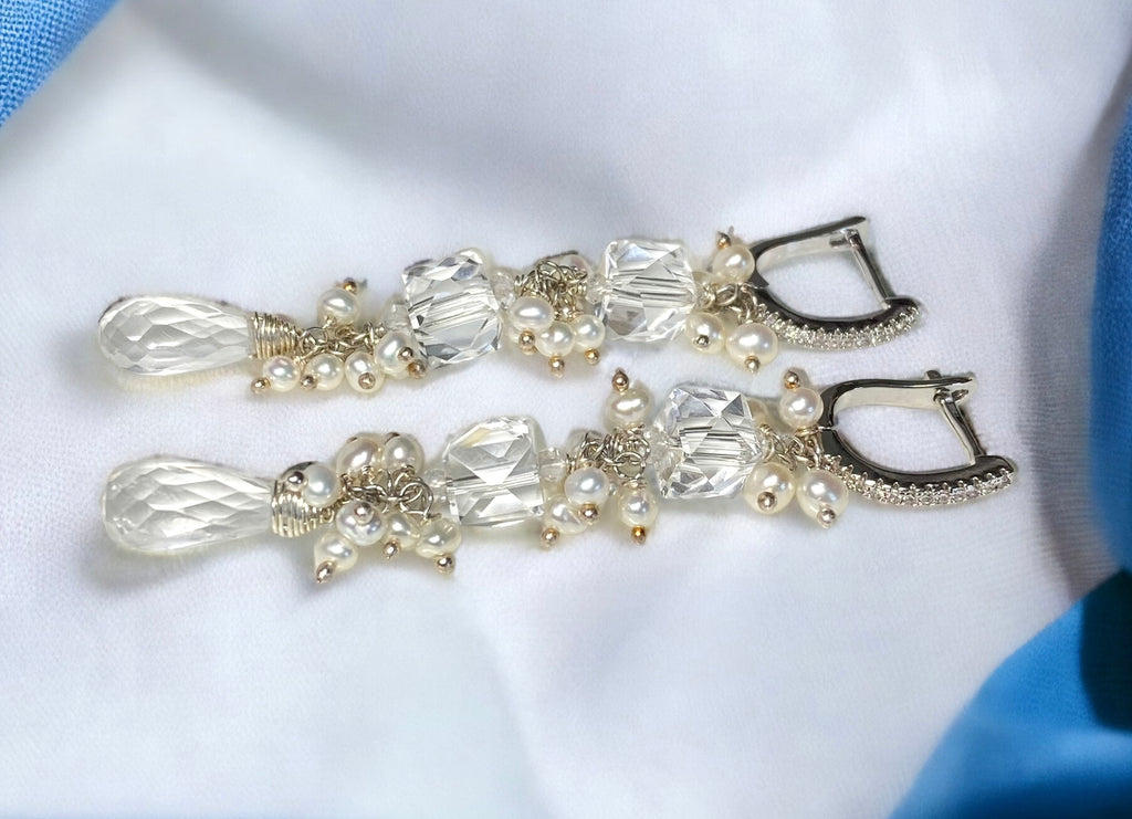Crystal Quartz Long Wedding Earrings Sterling Silver - Doolittle