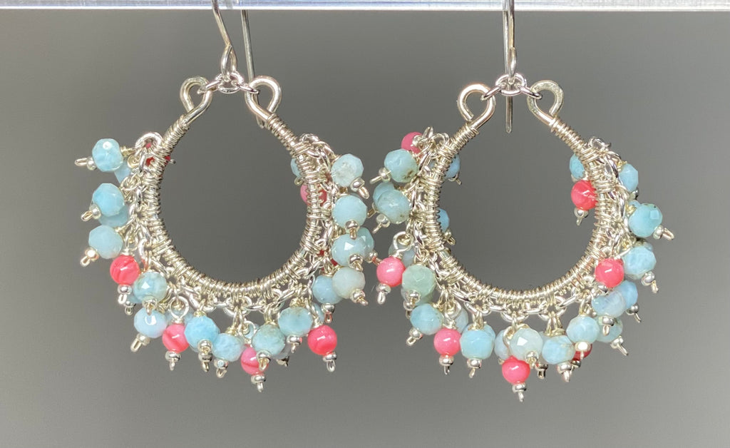 Larimar and Coral Hoop Earrings Sterling Silver