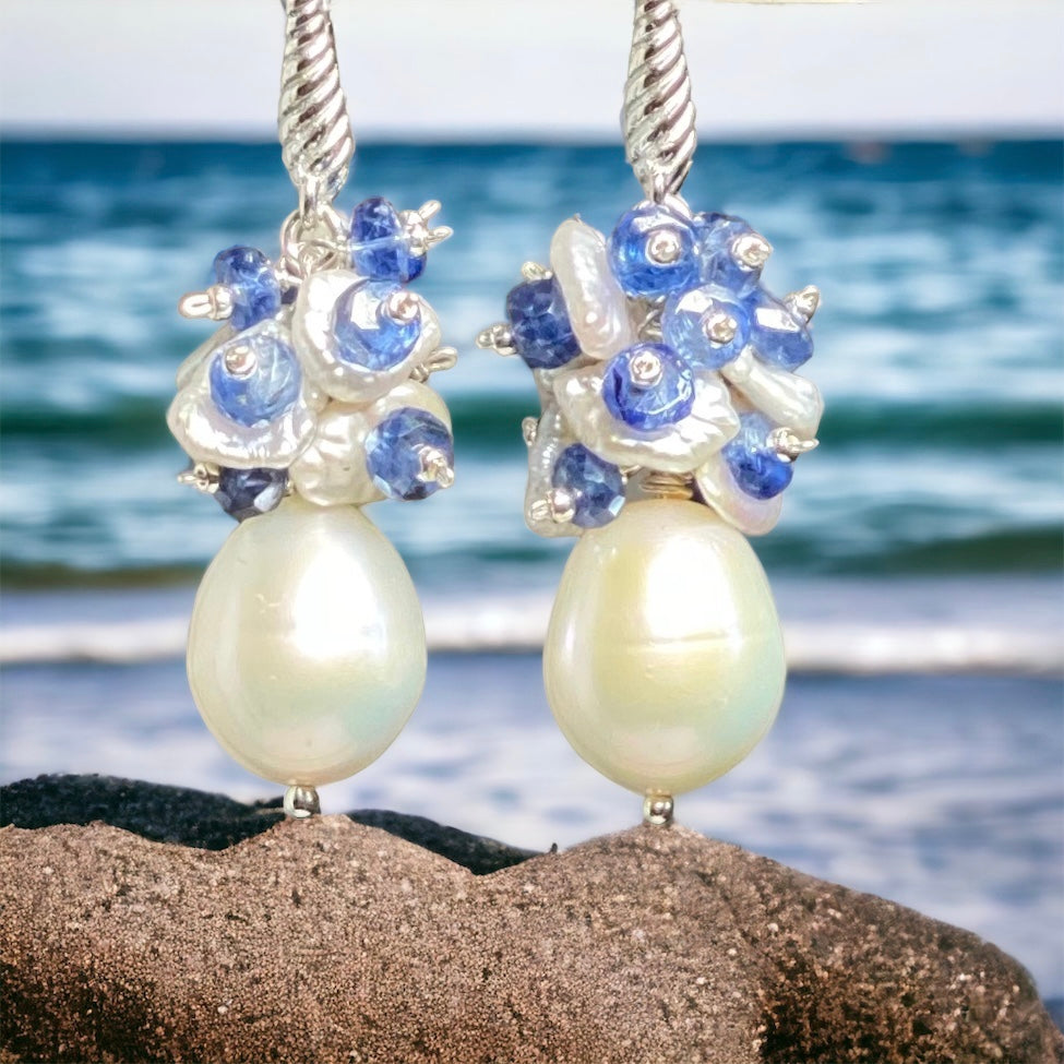 Pearl and Blue Gem Kyanite Cluster Earrings Sterling Silver