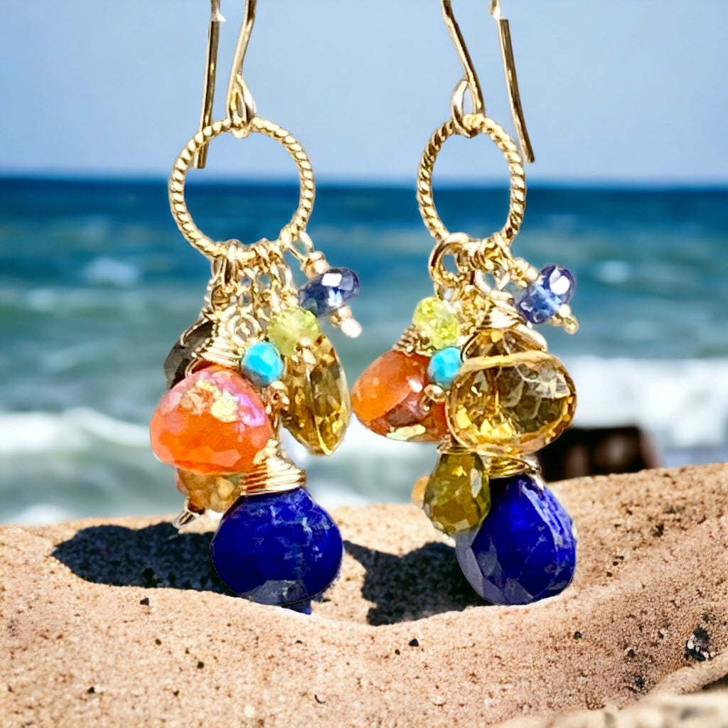 Colorful Gemstone Gold Dangle Earrings Citrine Blue Lapis Carnelian 2