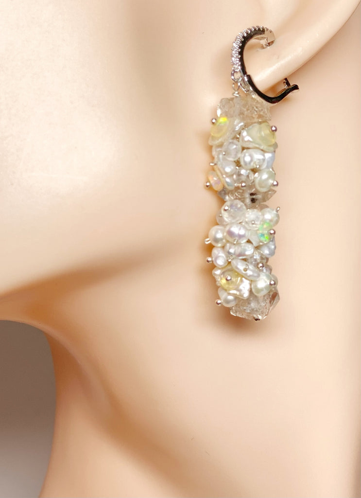 Herkimer Diamond Welo Ethiopian Opal Cluster Earrings Sterling Silver