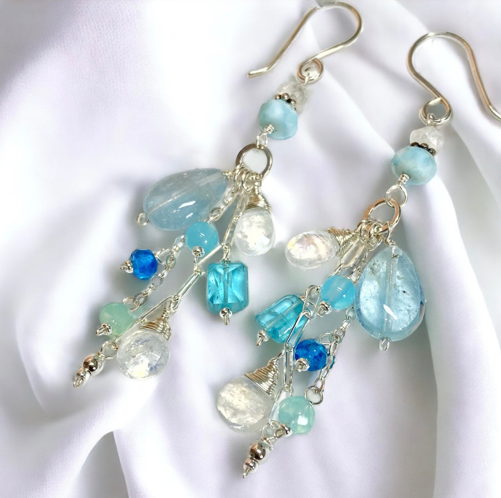 aquamarine, moonstone, apatite, larimar dangle earrings in sterling silver boho style