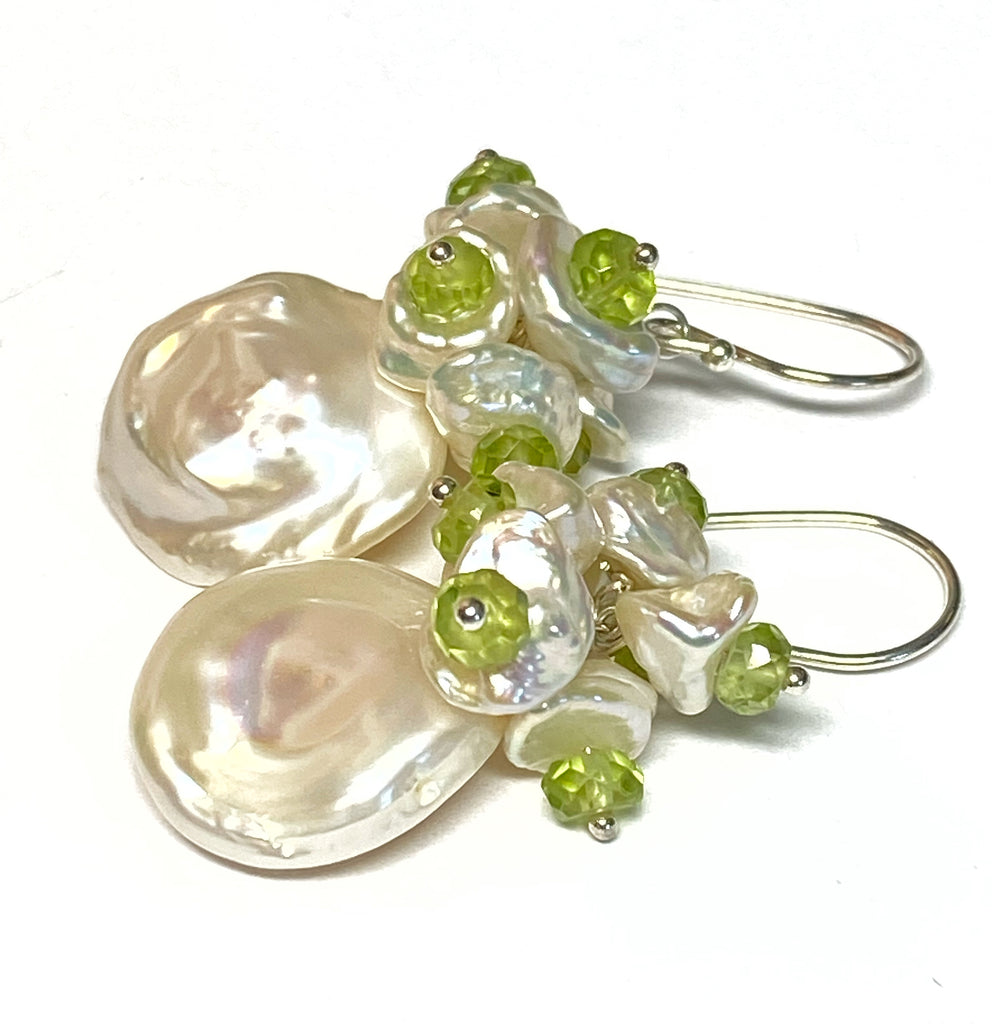 Keishi Pearl and Peridot Gemstone Cluster Earrings