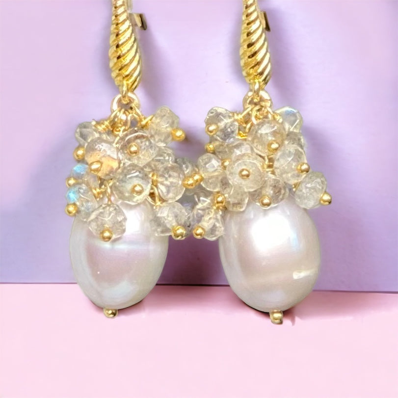 Silver Grey Pearl Labradorite Cluster Earrings in Gold
