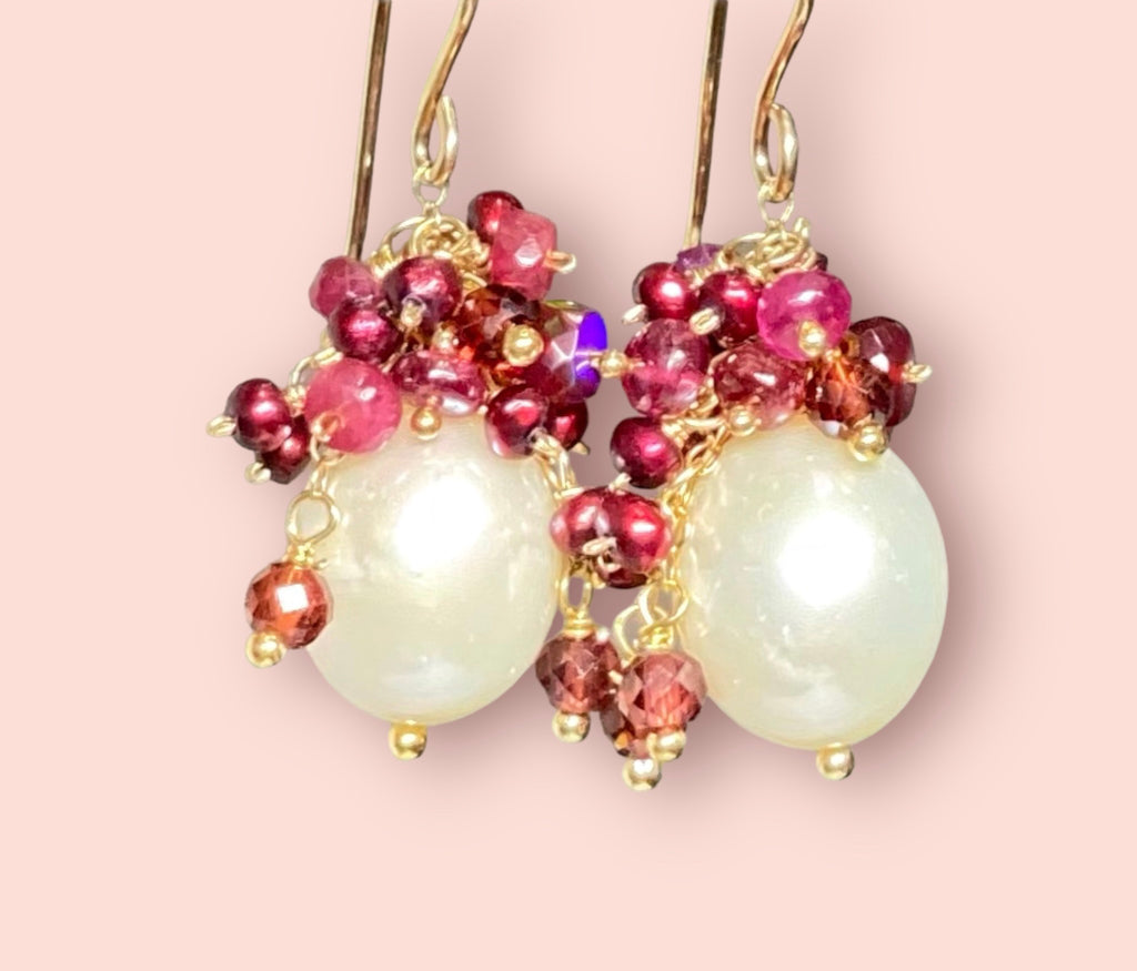 Ruby, garnet, red pearl, red opal cluster earrings with white pearls