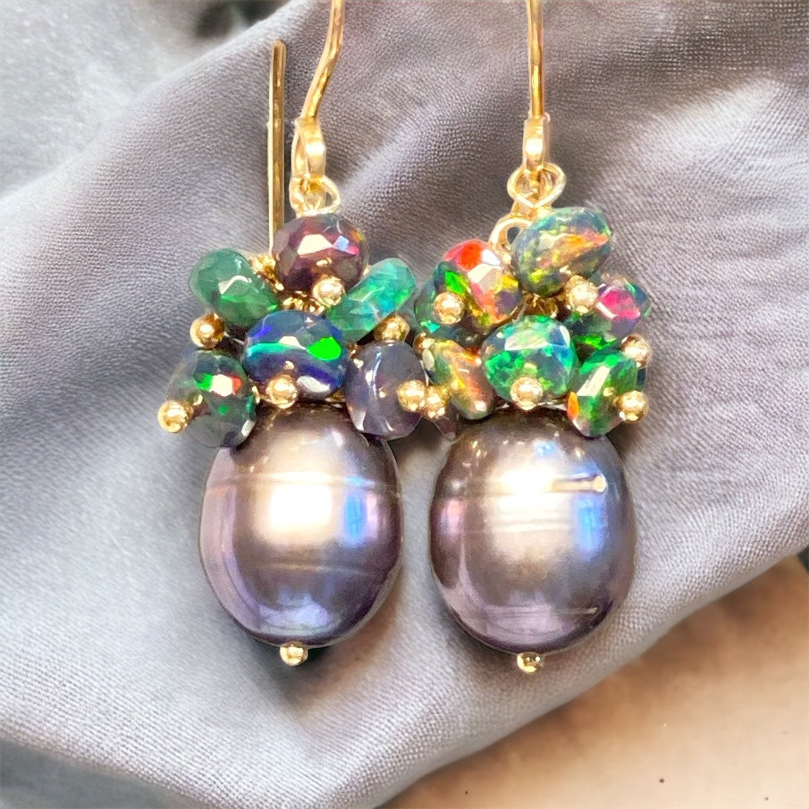 Black Grey Peacock Pearl Black Opal Cluster Earrings Gold Fill