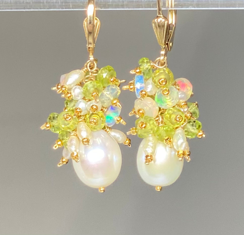 Peridot, Opal, Pearl Cluster Earrings Gold Fill