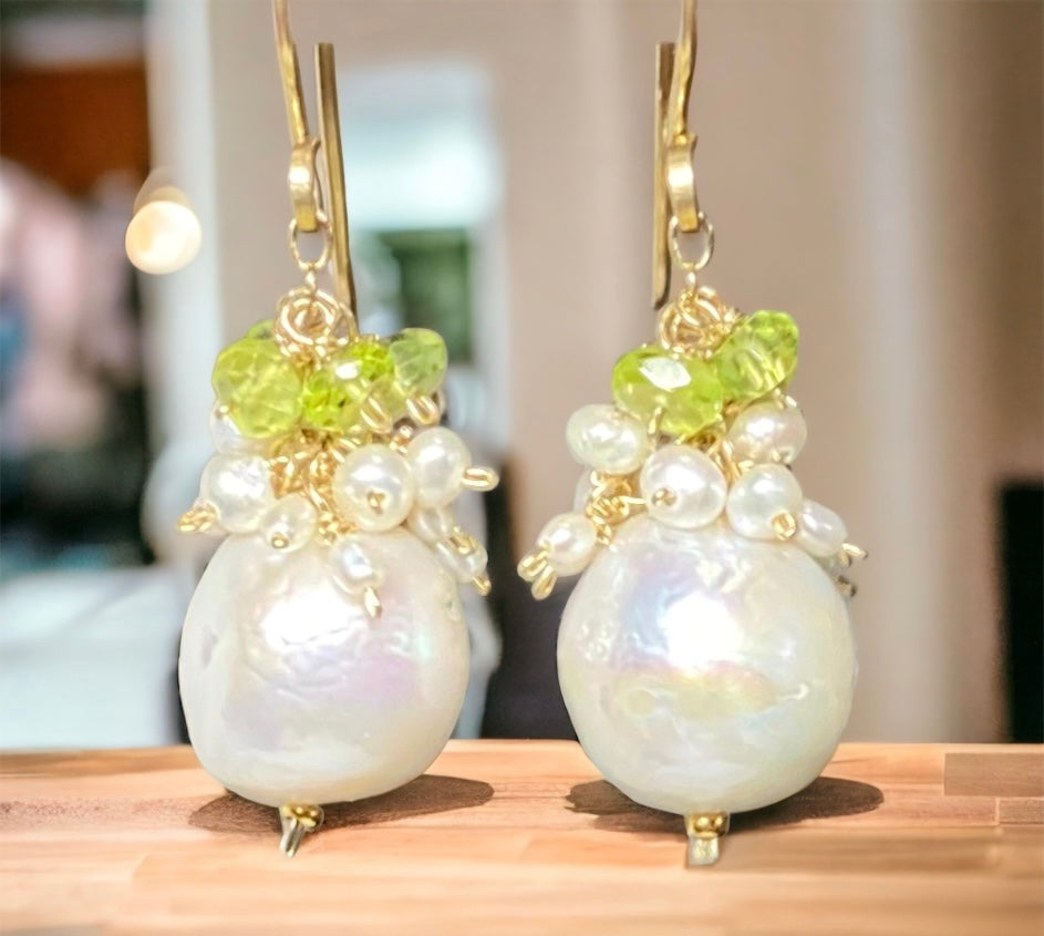 Peridot and Edison Pearl Cluster Earrings, Gold Fill, Rose Gold, Sterling Silver