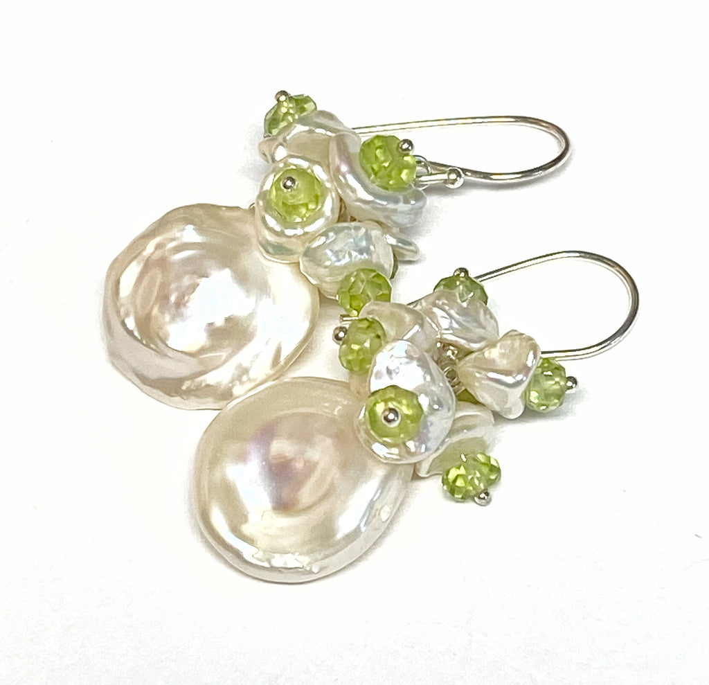 Keishi Pearl and Peridot Gemstone Cluster Earrings