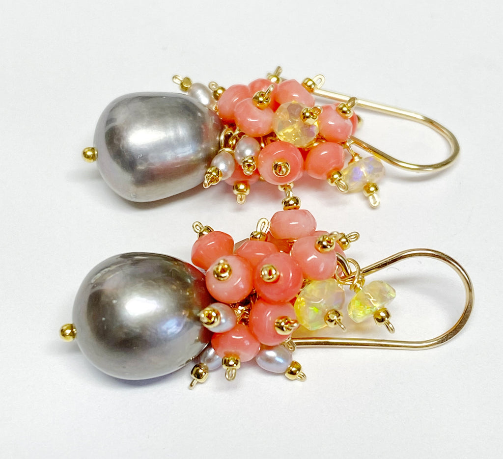 Pearl and Coral Cluster Earrings with Opals