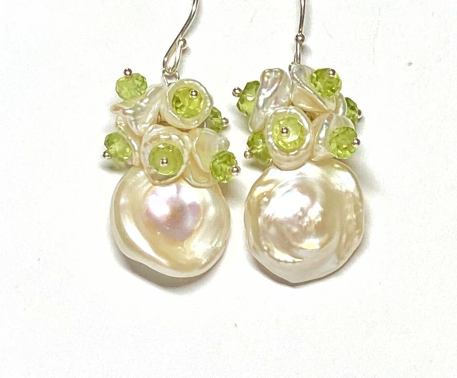 White keishi pearls, sterling silver, peridot clusters earrings