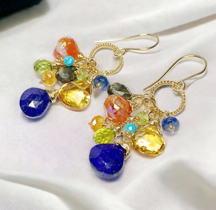 Colorful Gemstone Gold Dangle Earrings Citrine Blue Lapis Carnelian 2