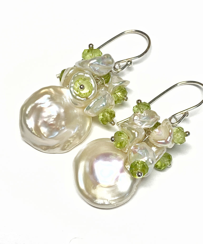 Keishi Pearl and Peridot Gemstone Cluster Earrings