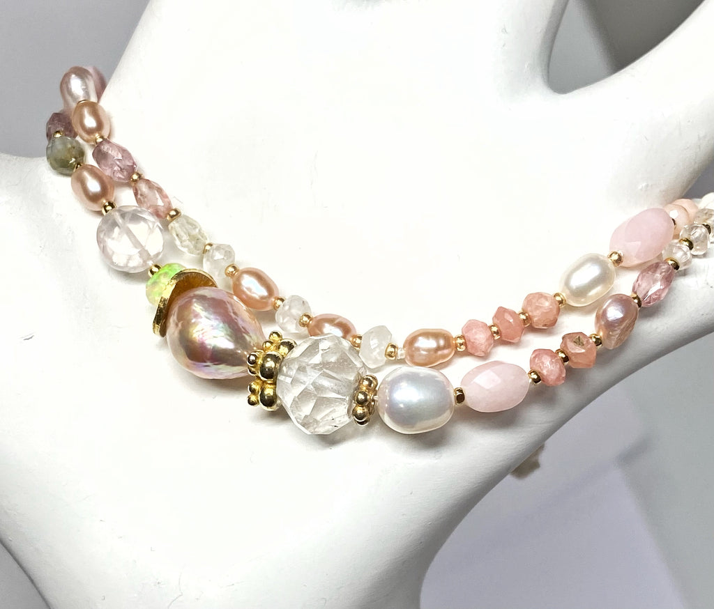 Pink Gemstone and Pearl Knotted Bracelet for Women