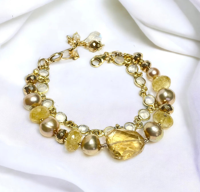 Citrine, Pearl, Moonstone Bracelet, Gold