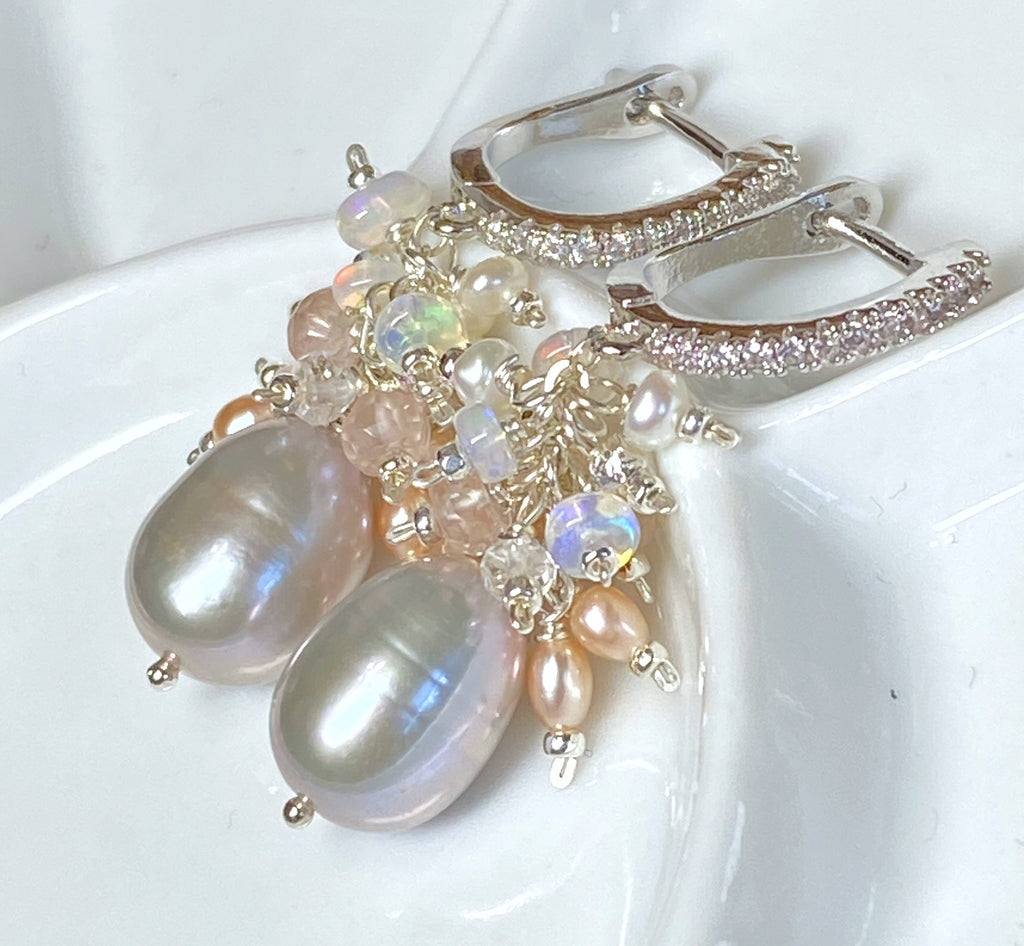 Silver Gray Pearl Earrings with Opal Clusters Sterling Silver