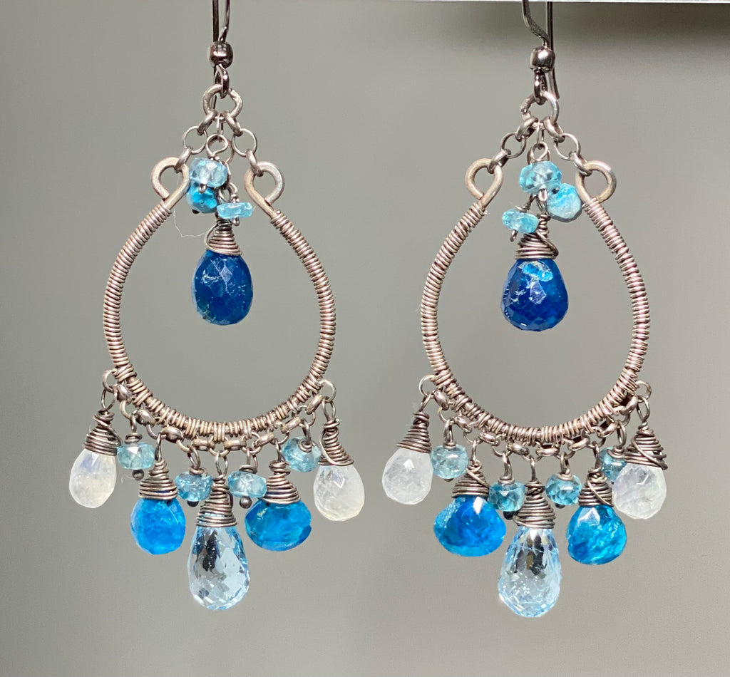 Rainbow Moonstone Hoop Chandelier Earrings Oxidized Silver Blue Topaz Teal Apatite