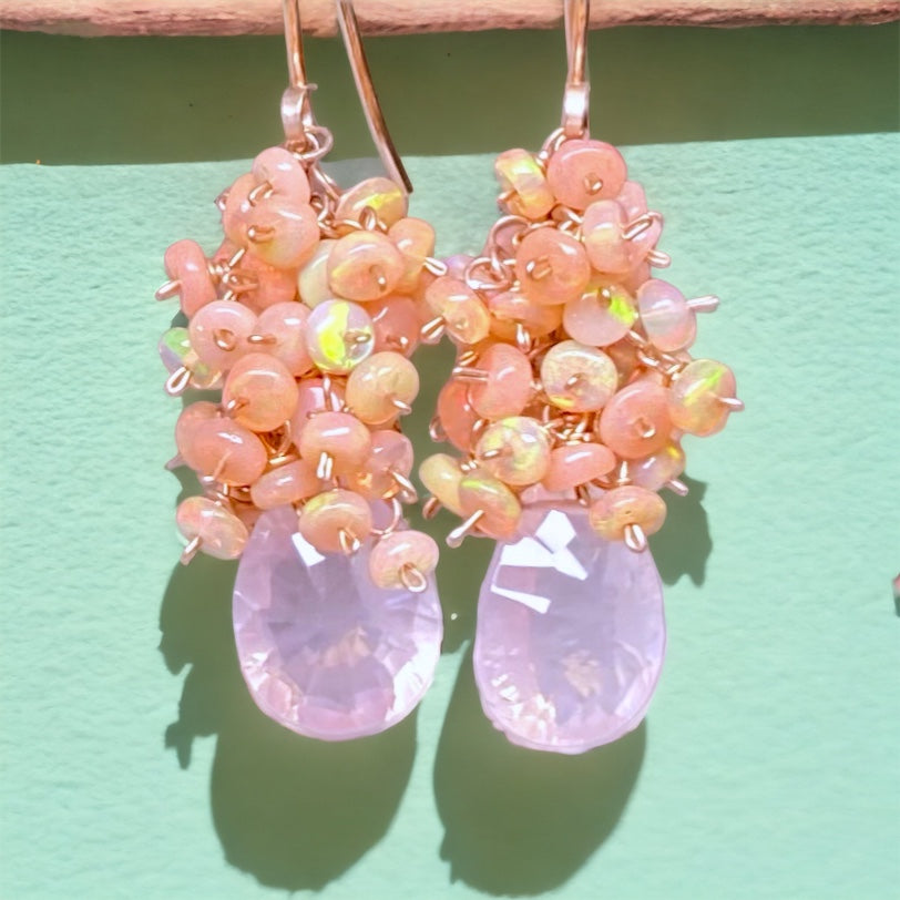 Pink Blush Opal Cluster Earrings Rose Quartz Concave Cut Briolettes