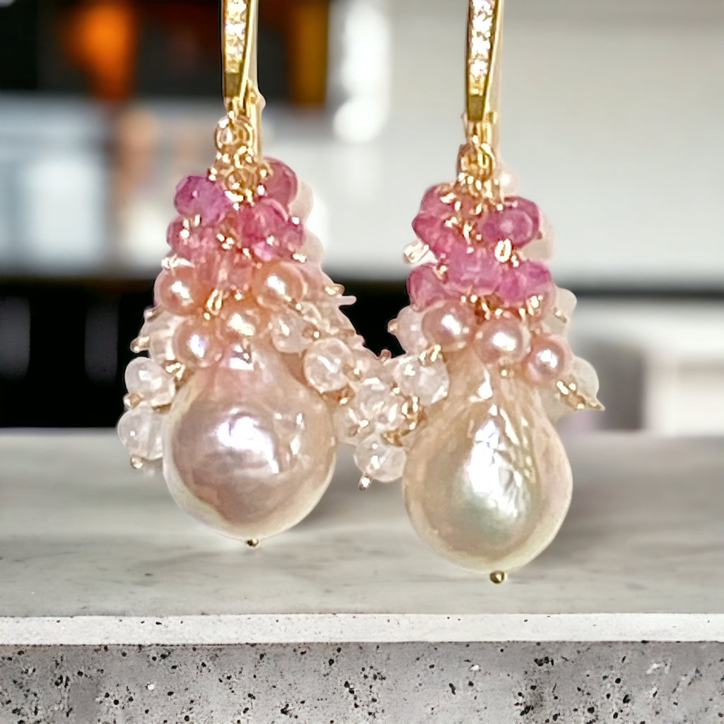 Blush Baroque Pearl Earring Pink Sapphire Gem Cascade Wedding Earrings