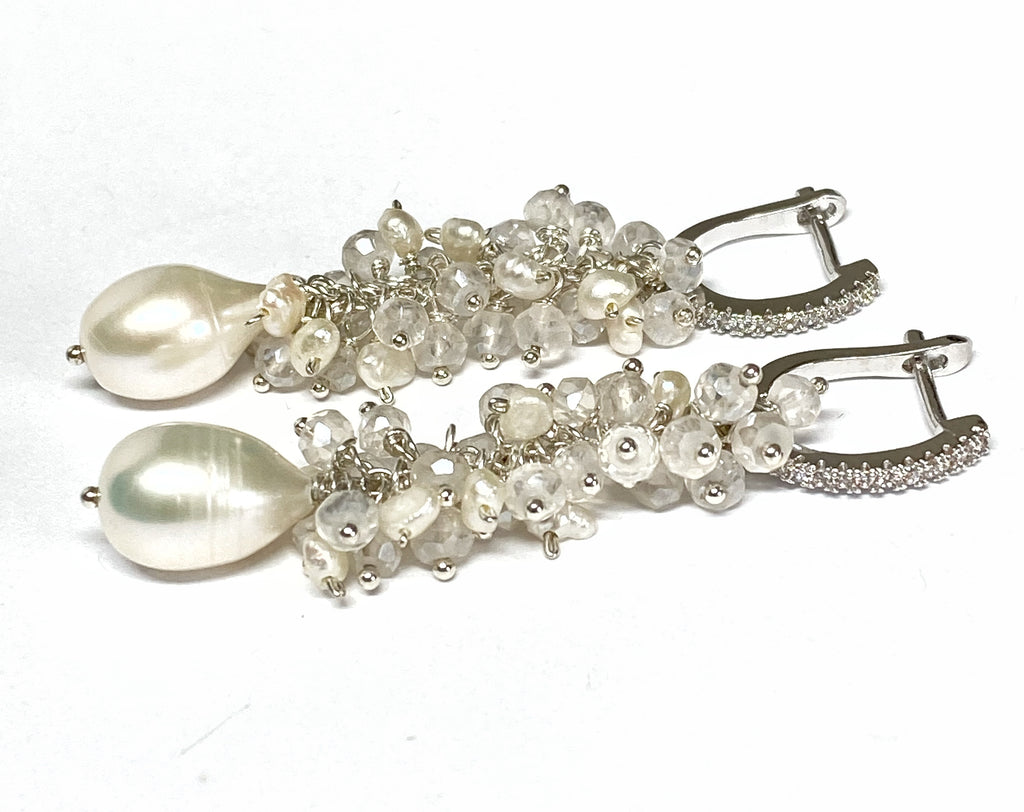 Long Mystic Quartz and Pearl Dangle Diamond Look Earrings - Doolittle