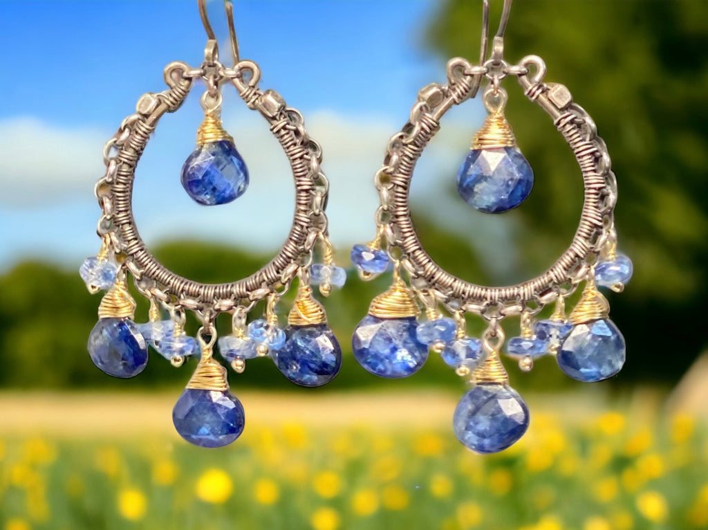Blue Kyanite Gemstone Mixed Metal Hoop Earrings Gold Fill Oxidized Sterling Silver