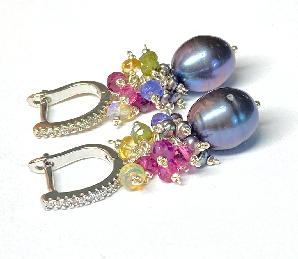 black pearl earrings with gemstone and opal clusters in sterling silver