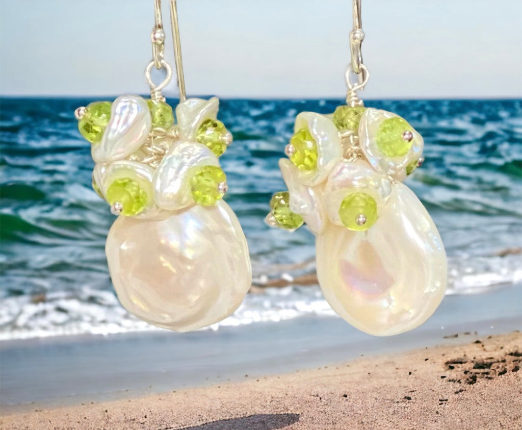 White keishi pearl and Peridot gemstone cluster earrings sterling silver