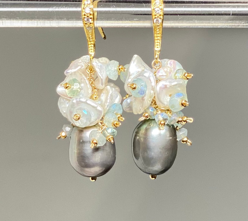 Silver Gray Pearl and Keishi Pearl Cluster Earrings with Aquamarine