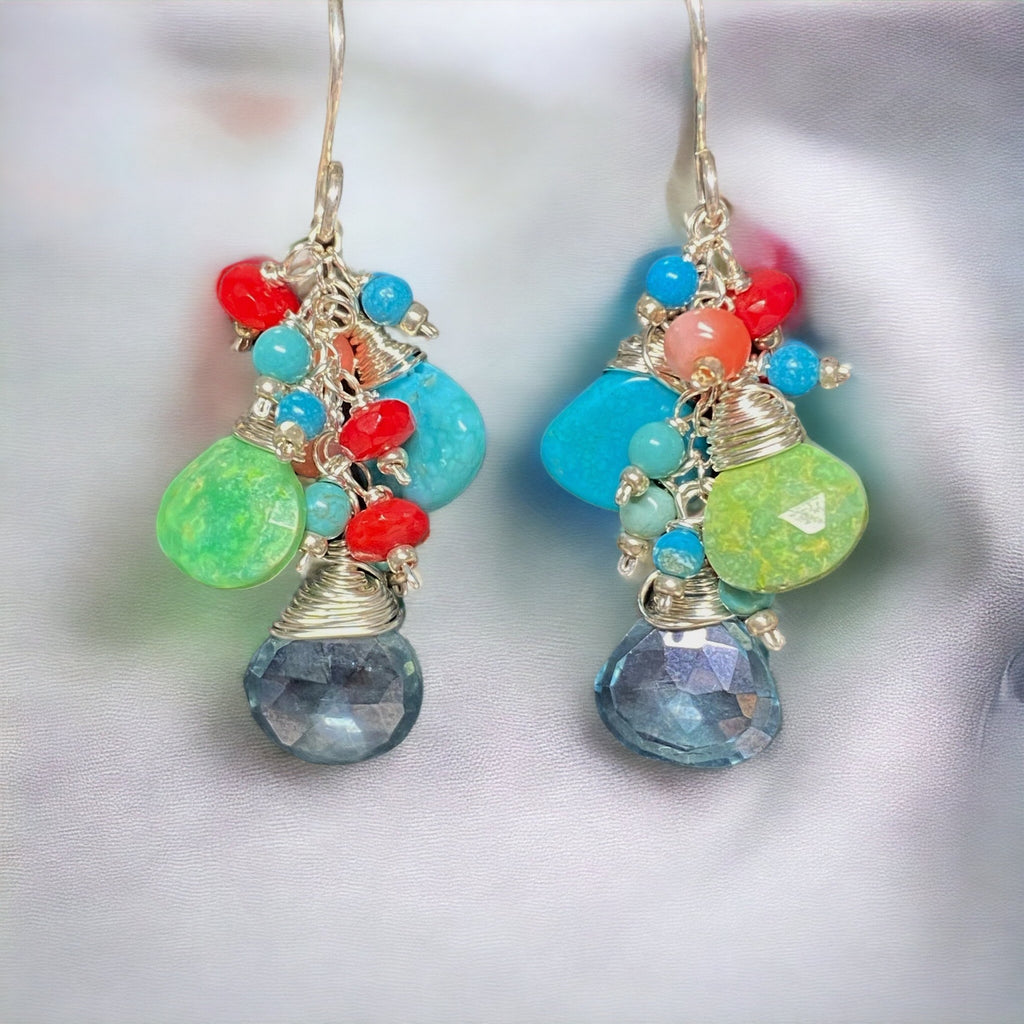Blue and Green Turquoise, Coral Dangle Earrings Sterling Silver