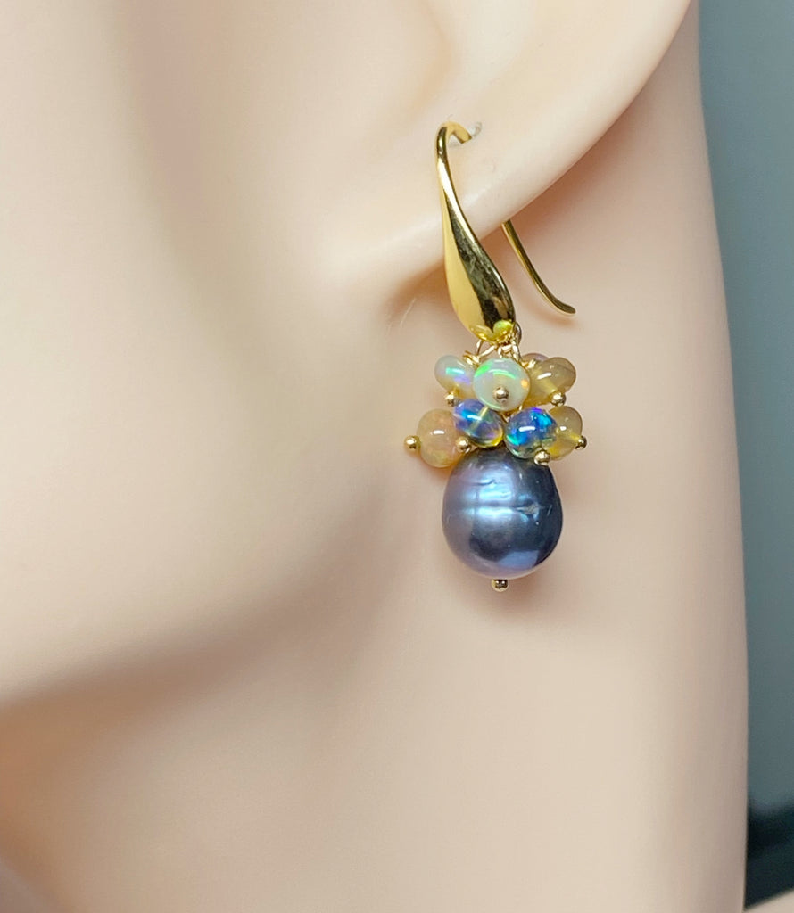 Black Grey Baroque Pearl Opal Cluster Gold Earrings