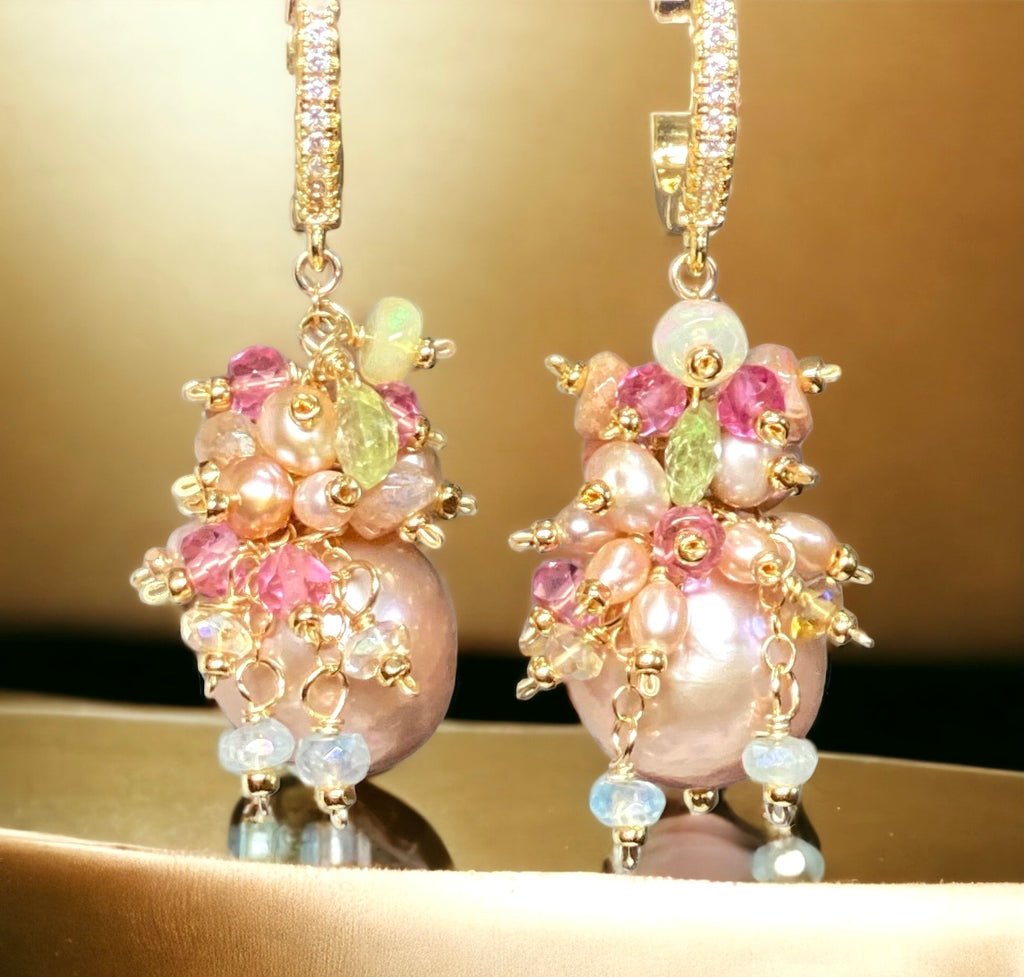 Pink Round Pearl and Gem Cluster Wedding Earrings with Tsavorite