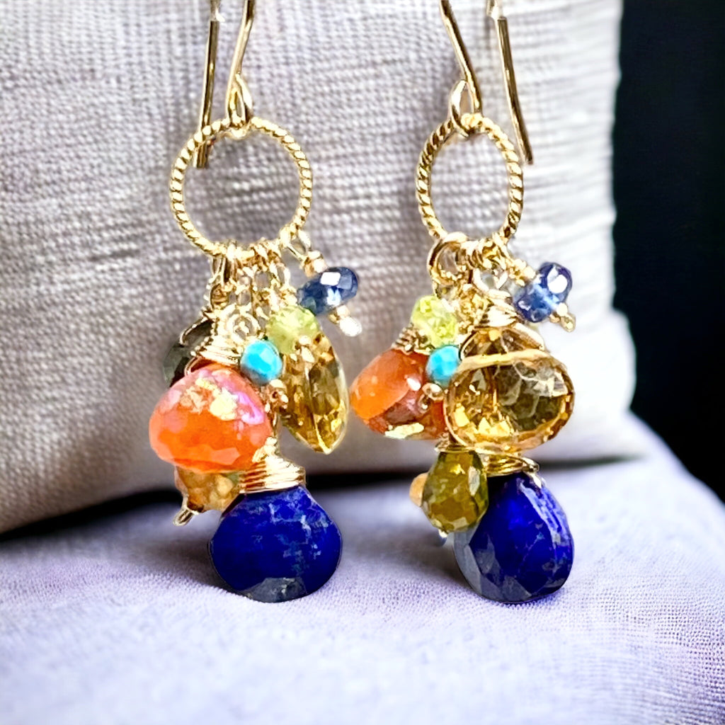 Colorful Gemstone Gold Dangle Earrings Citrine Blue Lapis Carnelian 2