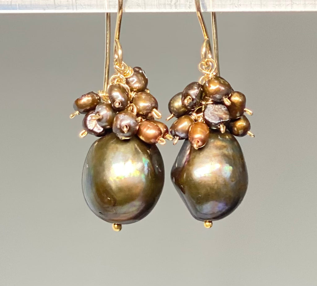 Brown Pearl Cluster Earrings Gold Fill