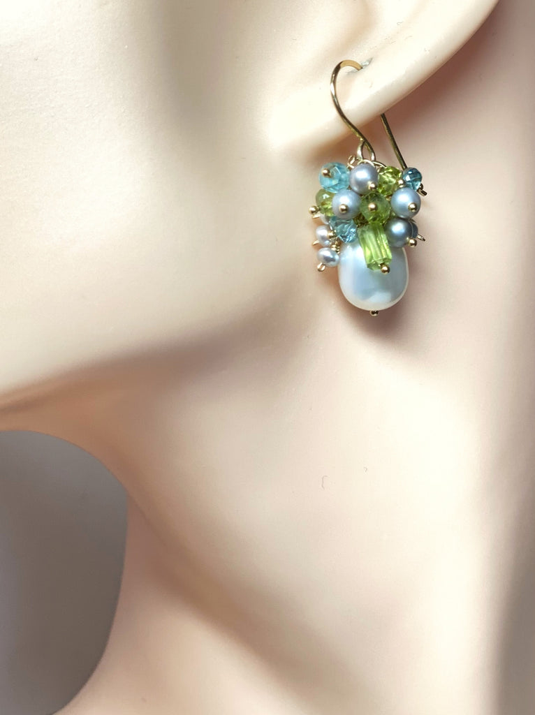 Peridot Pearl Cluster Earrings Blue Zircon