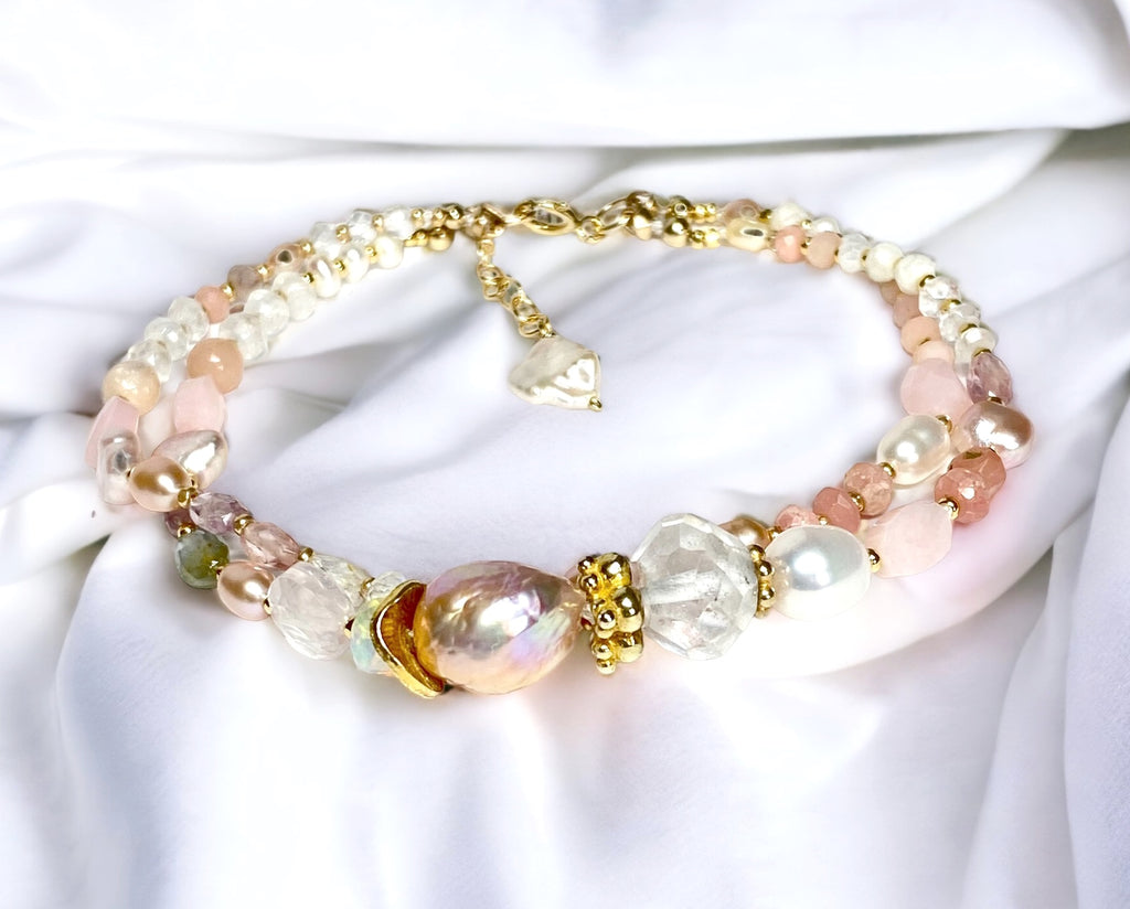 Pink Gemstone and Pearl Knotted Bracelet for Women